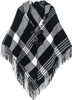 White-Black Winter Chic Plaid Poncho Cardigan