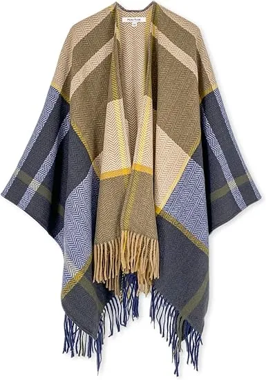 White-Black Winter Chic Plaid Poncho Cardigan