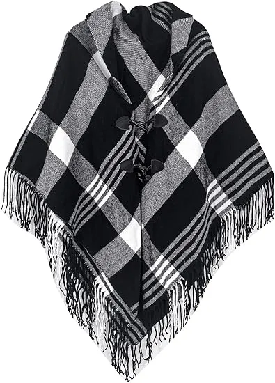 White-Black Winter Chic Plaid Poncho Cardigan