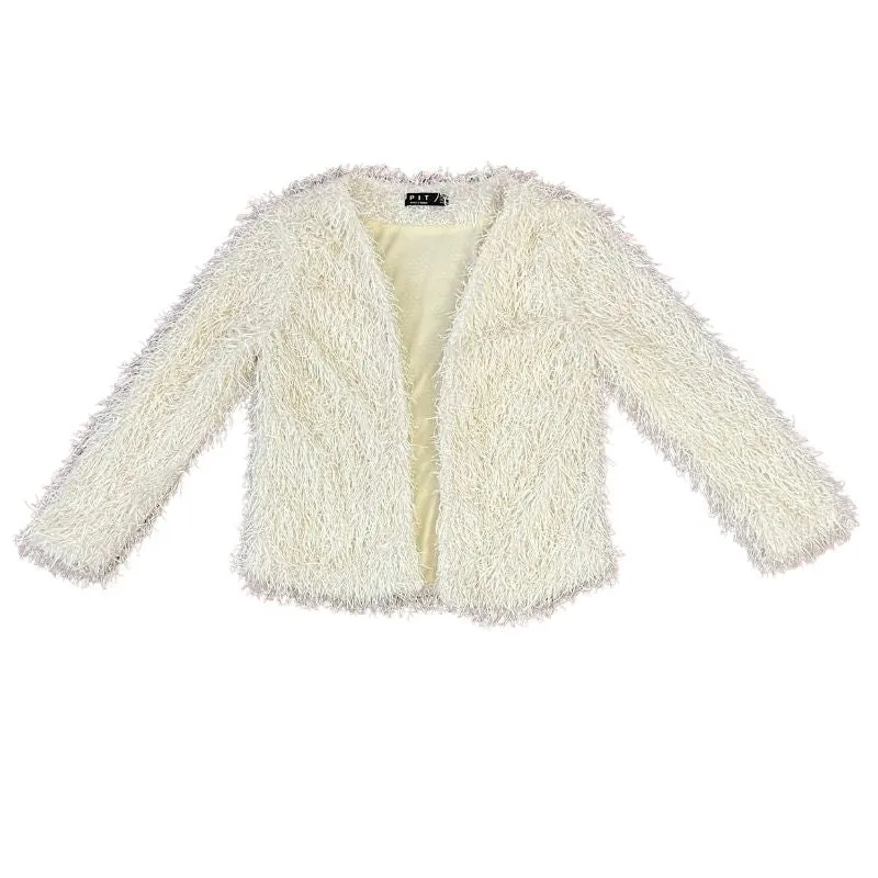 White Faux Fur Open Front Lined Coat Jacket Size 34