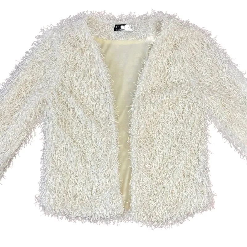 White Faux Fur Open Front Lined Coat Jacket Size 34