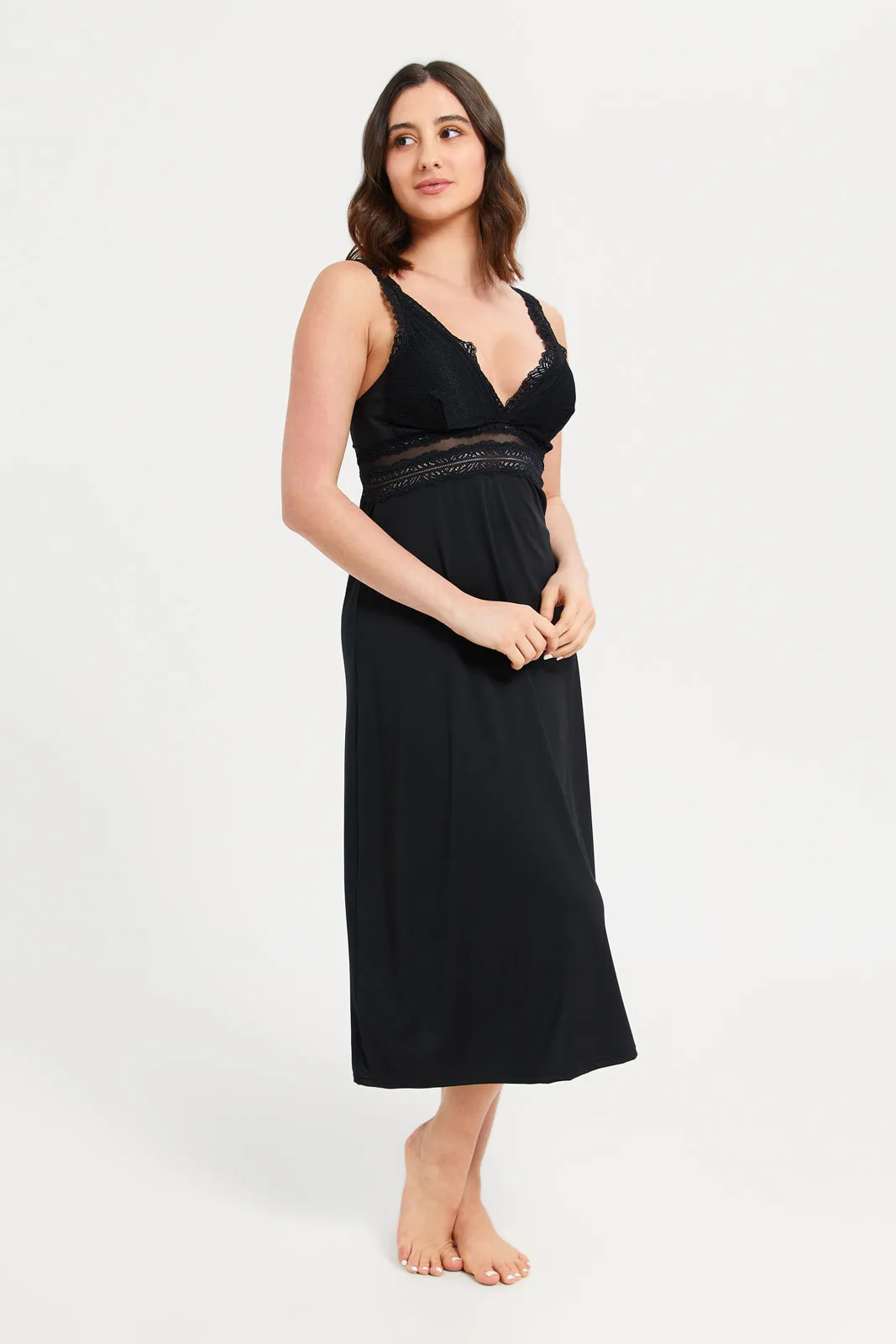 Women Black Lace Padded Long Chemise
