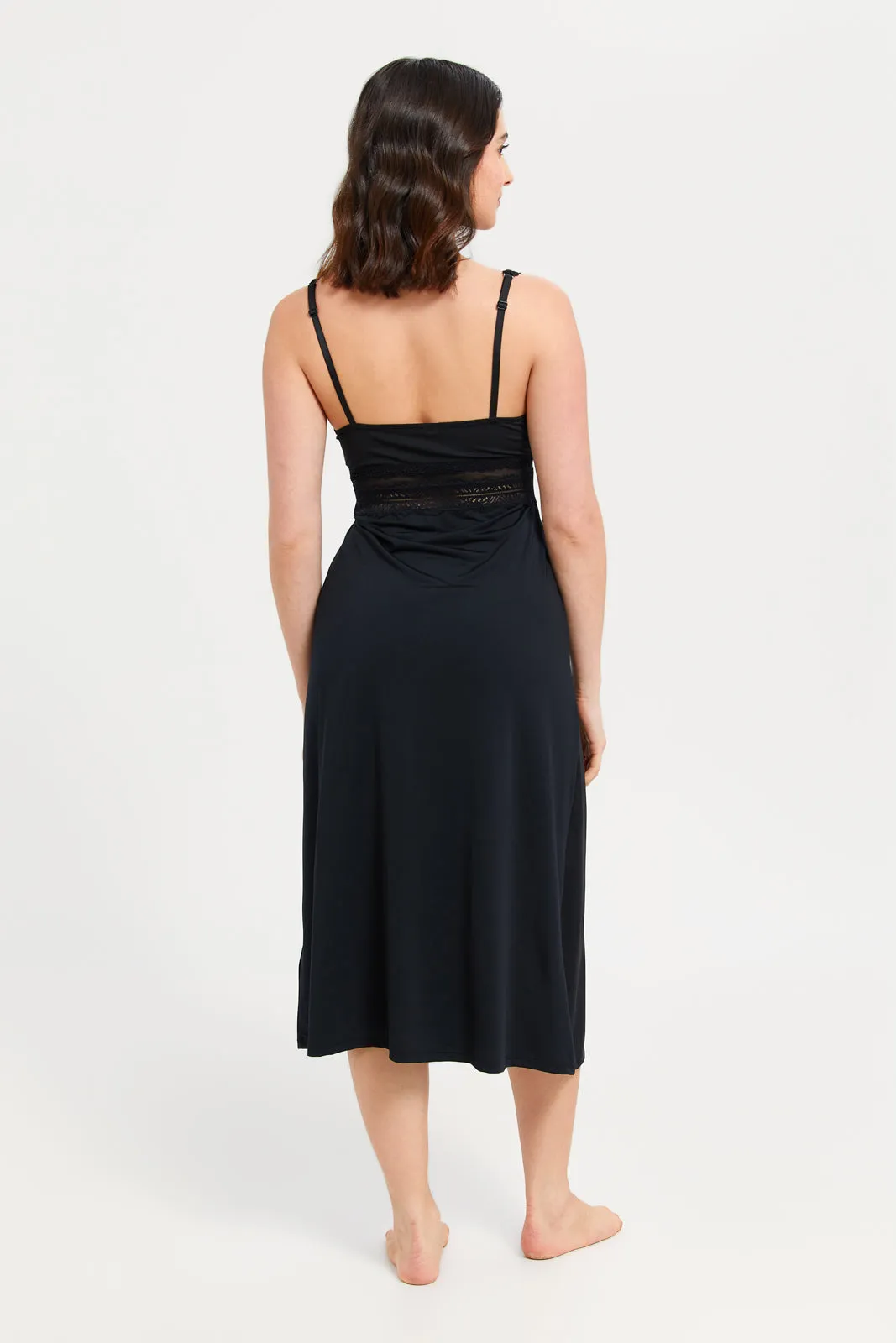 Women Black Lace Padded Long Chemise