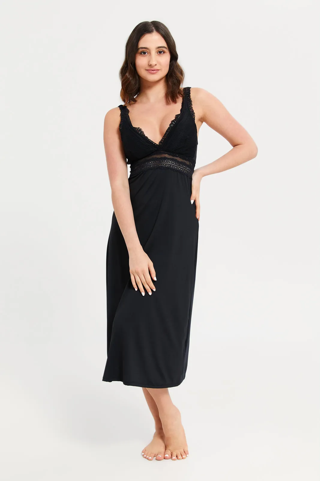 Women Black Lace Padded Long Chemise