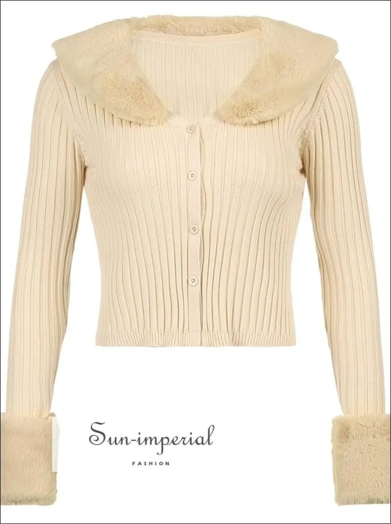 Women Yellow Plush Faux Fur Collar and Cuff Knit Cropped Cardigan