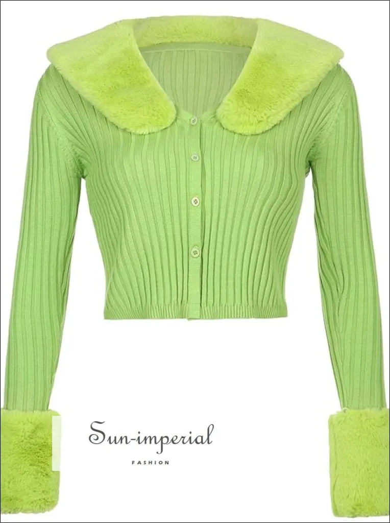 Women Yellow Plush Faux Fur Collar and Cuff Knit Cropped Cardigan