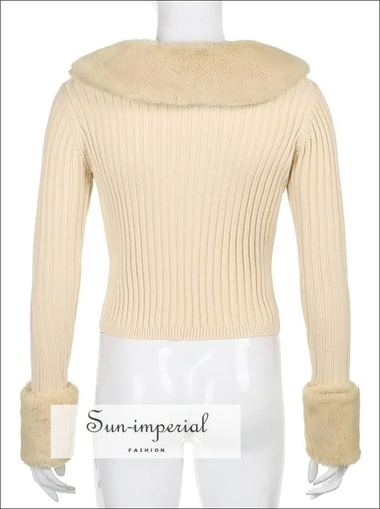Women Yellow Plush Faux Fur Collar and Cuff Knit Cropped Cardigan