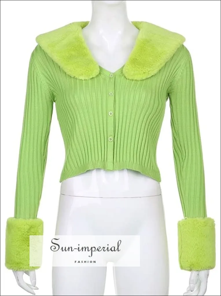 Women Yellow Plush Faux Fur Collar and Cuff Knit Cropped Cardigan