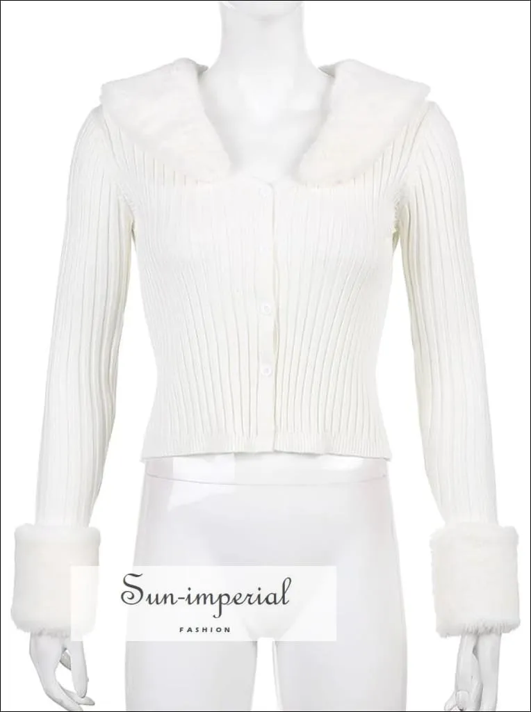 Women Yellow Plush Faux Fur Collar and Cuff Knit Cropped Cardigan