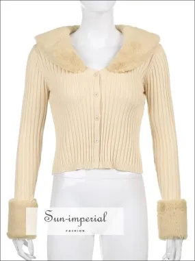 Women Yellow Plush Faux Fur Collar and Cuff Knit Cropped Cardigan