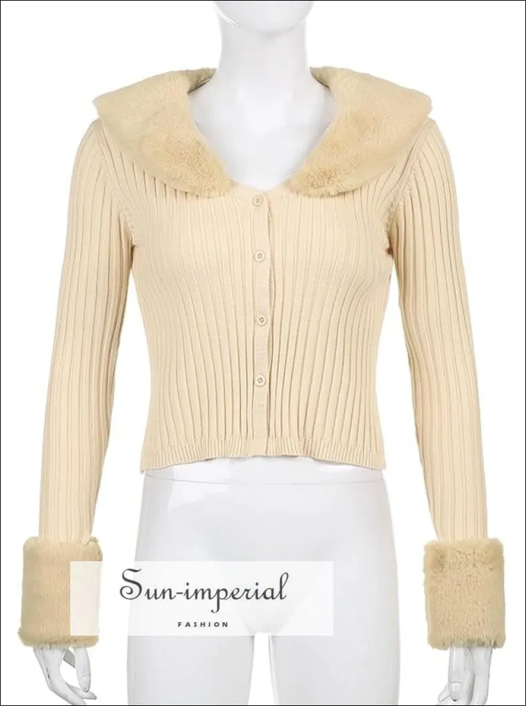 Women Yellow Plush Faux Fur Collar and Cuff Knit Cropped Cardigan