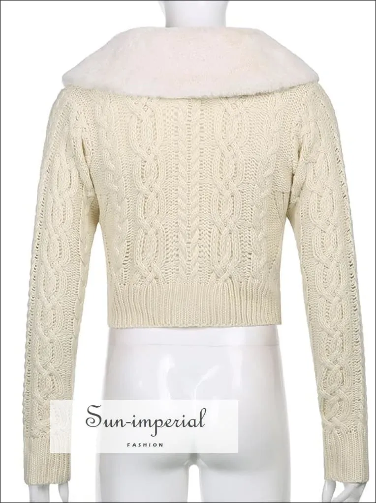 Women Yellow Plush Faux Fur Collar and Cuff Knit Cropped Cardigan