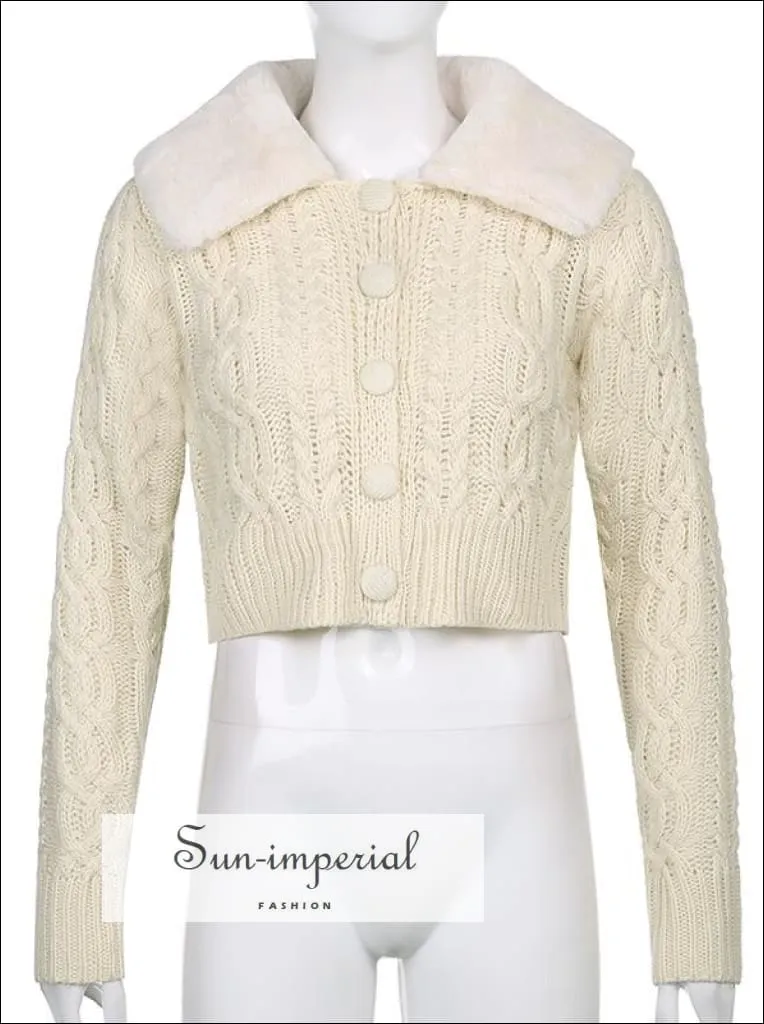 Women Yellow Plush Faux Fur Collar and Cuff Knit Cropped Cardigan