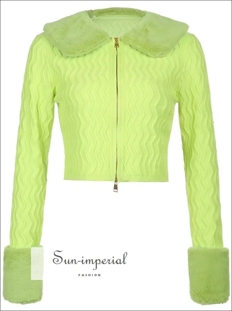 Women Yellow Plush Faux Fur Collar and Cuff Knit Cropped Cardigan