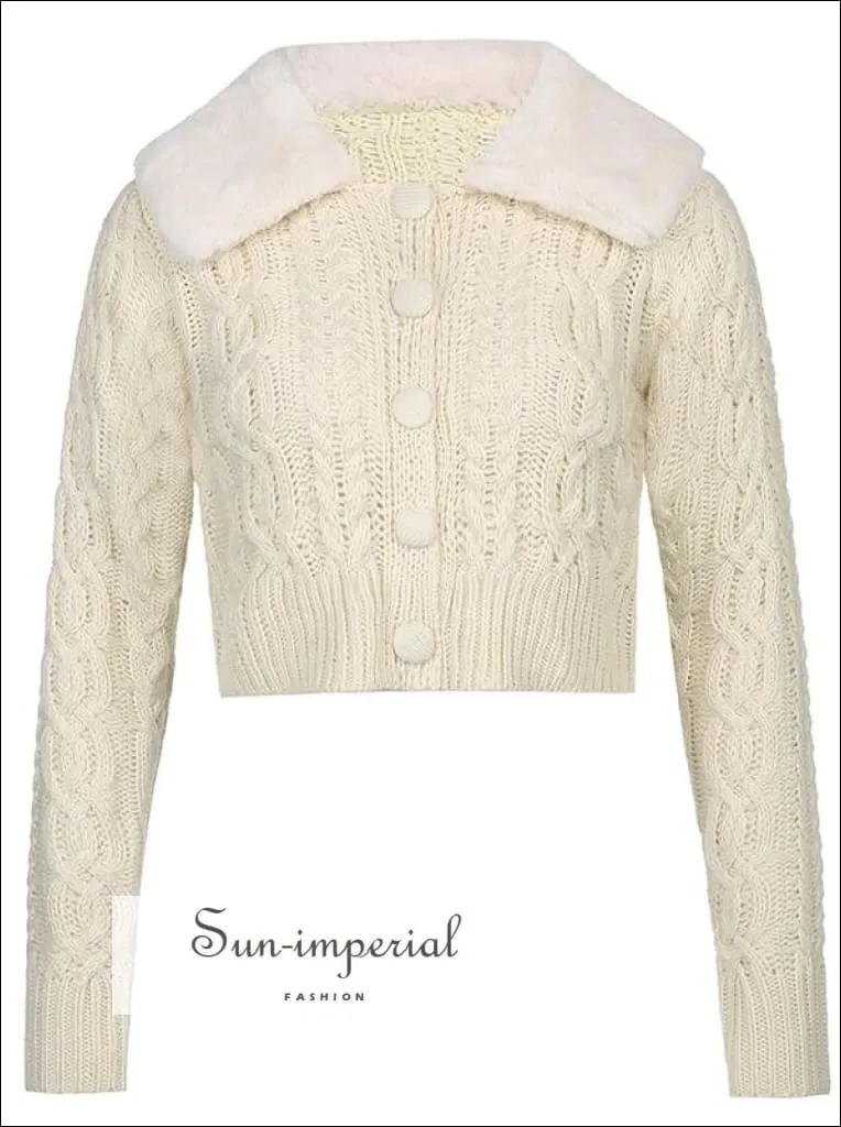 Women Yellow Plush Faux Fur Collar and Cuff Knit Cropped Cardigan