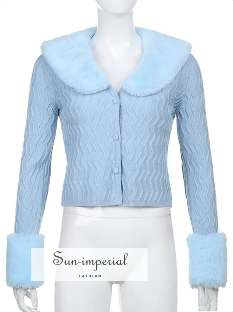 Women Yellow Plush Faux Fur Collar and Cuff Knit Cropped Cardigan