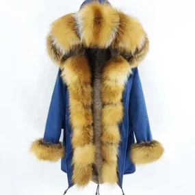 Women's Winter Casual Thick Denim Parka With Rabbit Fur